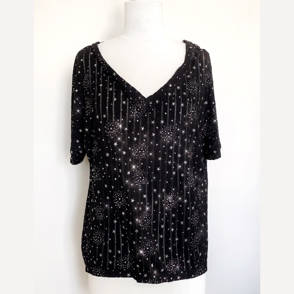 Shiny Silver Stars on Black Shadow Stripe Top ✨